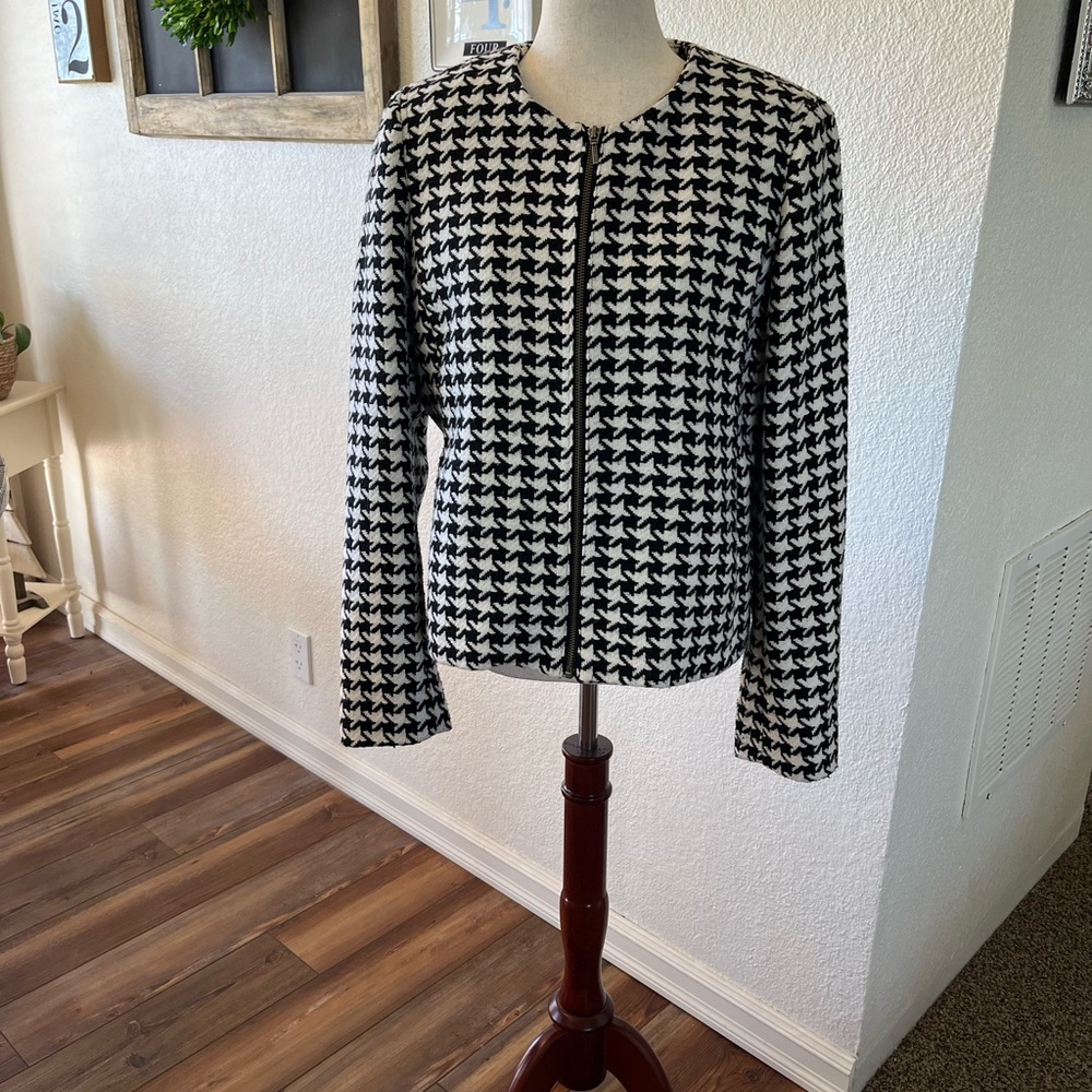 Talbots Black and White Houndstooth Zip-Front Jacket